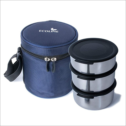 Ecoline V3 Stainless Steel Lunch Box - 1100 ml Capacity (2 x 400 ml, 1 x 300 ml), Polished Finish, Diameter 12.5 cm, Height 15 cm, Blue