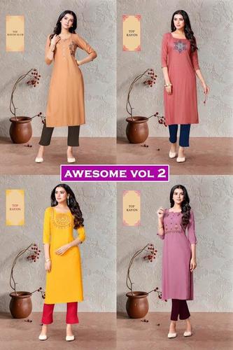 Awesome Vol 2 Designer Rayon Kurtis - 100% Rayon, M, L, XL, XXL, 3/4 Sleeve Style, Printed Pattern | Dry Clean, Quick Dry, Washable