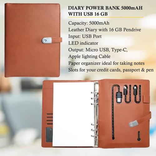 Pu Leather Diary Power Bank 5000Mah With Usb 16 Gb