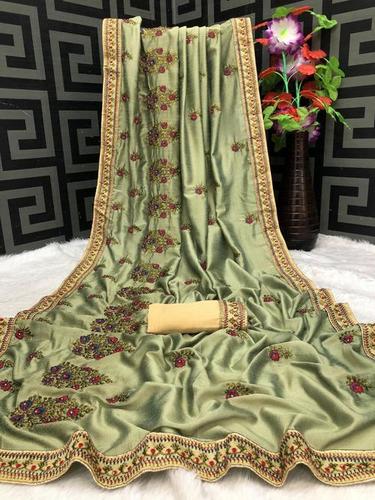 Traditional Vichitra Soft Silk Embroidered Designer Party Wear Saree