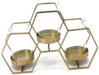 Brass Hurricane - Mild Steel & Glass, 12.5" X 7.5" X 5.5" Dimensions, Gold Color, 3 Tea Light Holders, Geometric Style