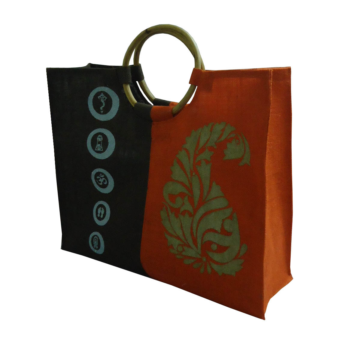 Wooden Cane Round Handle PP Laminated Jute Shopping Bag