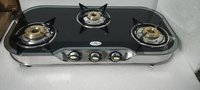 Three Burner Gas Stove - Stainless Steel, 770x380x7mm, Matte Black Elite Glass Top | Manual Ignition, Heavy Brass Burners, Aluminum Mixing Tube, M.s. Pan Support