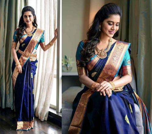 Ladies Saree - 100% Silk, Royal Bottle Green Brocade with Zari Pink Pallu | Traditional Kanchipuram Art, Multi-Season Wear, Bollywood Style