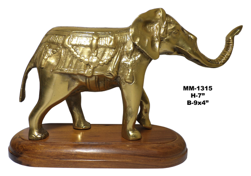Elephant Statue Aluminium, With Brass Antique Finish And Wooden Base