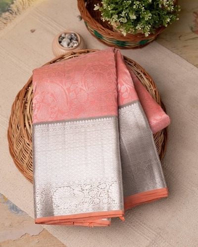 KALAVATI - Soft Lichi Silk, Unstitched Blouse | Peach Color, Silver Zari Floral Jaal, Traditional Designer Style for Ceremonial and Wedding Occasions