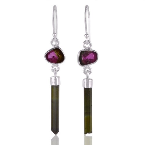 Tourmaline Pencil and Slice Unique Silver Earring