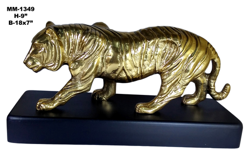 Tiger Statue Aluminium, Wooden Base, Brass Antique Finishing