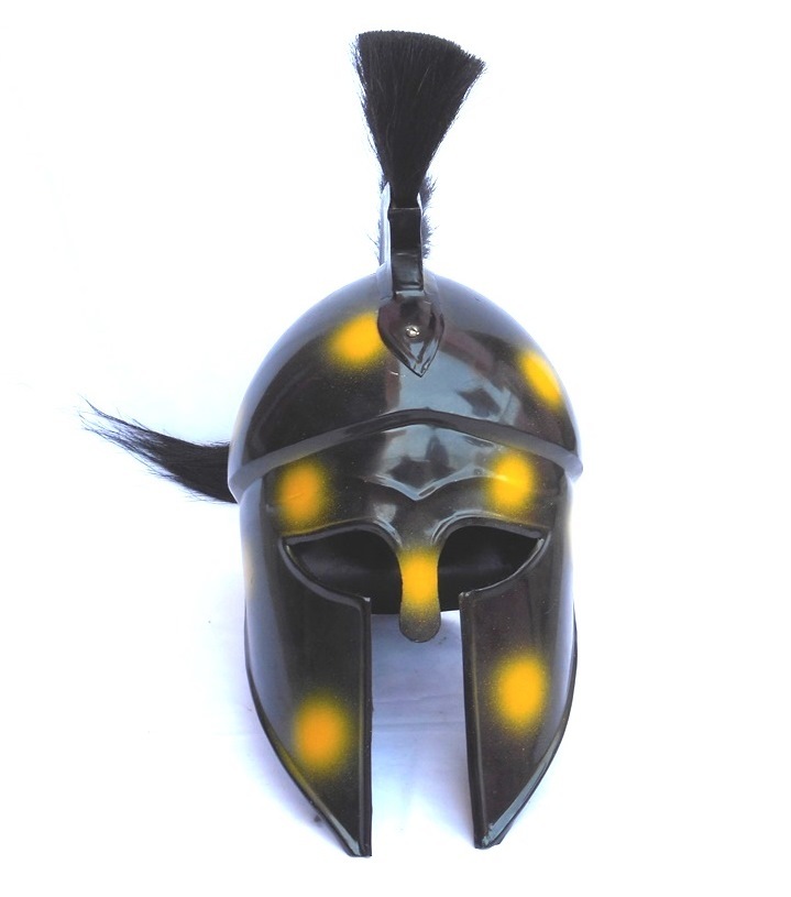 Yellow Spotted Greek Corinthian Armor Helmet with Black Crest ~ Black Antique Armour Helmet