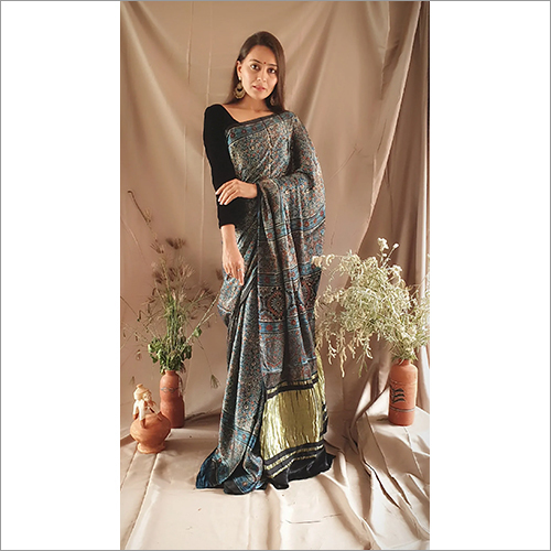 Printed Ajrakh Indigo Blue Modall Silk Saree With Tissue Pallu