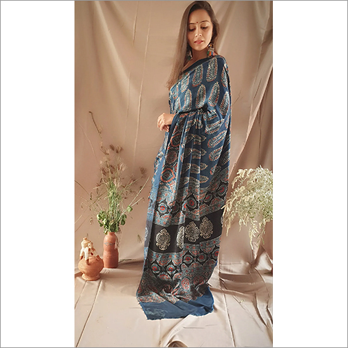 Printed Ajrakh Handpainted Saree Modall Silk