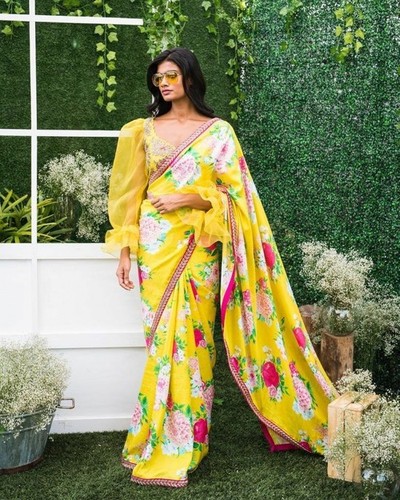 Yellow Printed Saree - Georgette Art Silk Fabric, Stylish Bollywood Design for Daily Wear in All Seasons