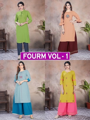 Fourm Vol - 1 Premium Cotton Kurti With Plazzo - Cotton Fabric, Sizes L, XL, XXL, 3/4 Sleeve, Embroidered Design, Casual & Traditional Style | Quick Dry, Washable, Embroidery Work