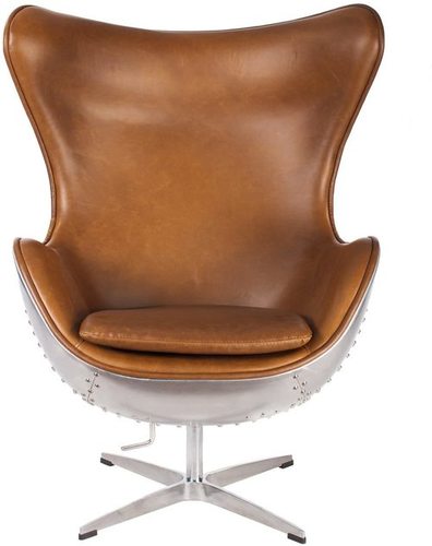 Hand-Hammered Aviator Aluminum Mid Century Modern Classic Arne Jacobsen Style Egg Replica Lounge Chair With Premium Vintage Caramel Brown PU Leather Fiberglass Inner Shell and Polished Aluminium Frame By Nautical Mart Inc.