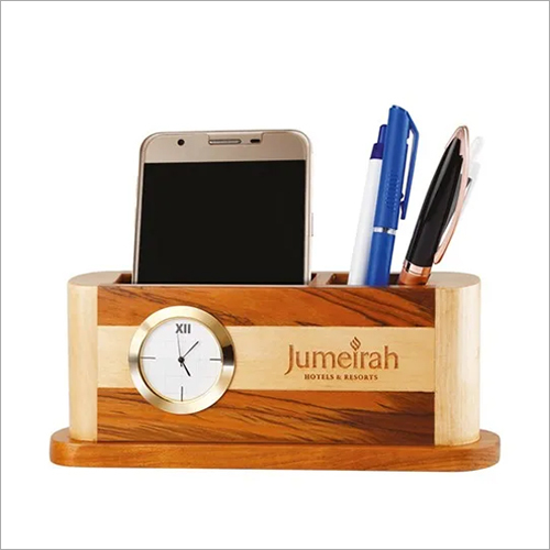 222 Mobile Phone And Pen Holder - Wood, Different Sizes Available, Brown | Table Top Design for Enhanced Workspace Functionality