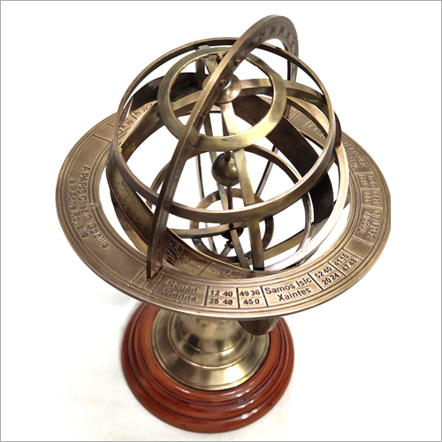 Golden Vintage Zodiac Armillary Brass Sphere Globe Wooden Display