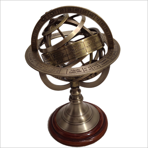 Small Vintage Zodiac Armillary Brass Sphere Globe Wooden Display