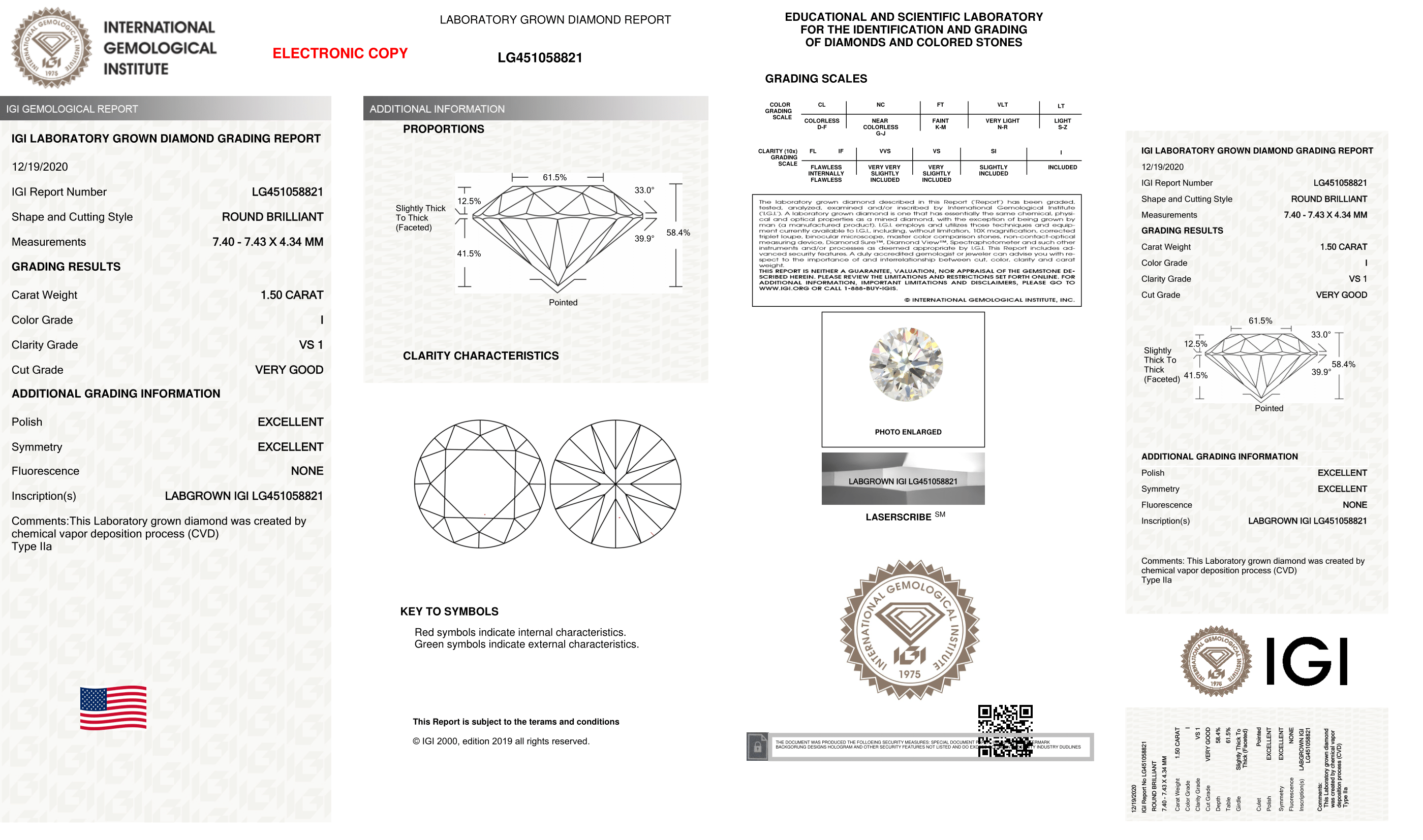 Round Brilliant Cut CVD 1.50ct Diamond I VS1 IGI Certified Lab Grown TYPE2A 451058821