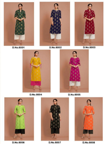 Cutemad Vol-6 Party Wear Malai Crape Kurtis With Palazzo - Malai Crape, Sizes L/XL/XXL, Printed Foil Work, 3/4 Sleeve Style | Quick Dry, Washable, Dry Clean Only