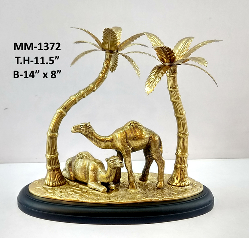 Camel Statue With Tree On Wooden Base, Brass Antique