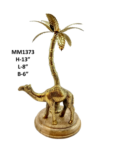 Camel Statue With Tree On Round Wooden Base, Brass Antique