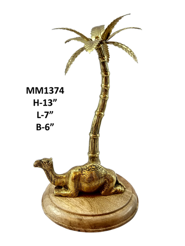Mentioned In The Image Camel Sitting Statue With Tree On Round Wooden Base, Brass Antique