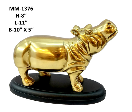 Hippo With Wooden Base - Handmade Antique Imitation Metal Sculpture | Ideal for Business Gift, Home and Garden Decoration