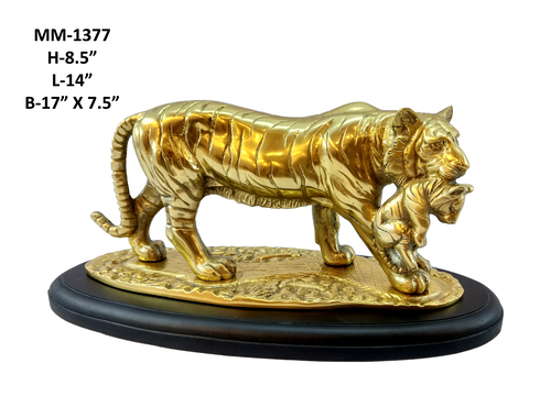 Metal Tiger Statue Wih Baby Aluminium, Wooden Base, Brass Antique Finishing