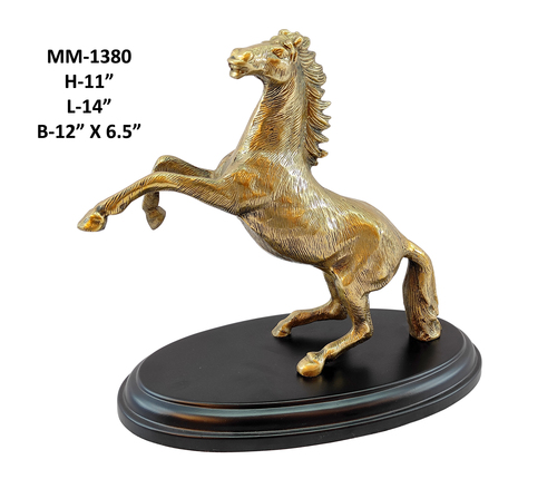 Jumping Horse Statue Aluminium, Wooden Base, Brass Antique