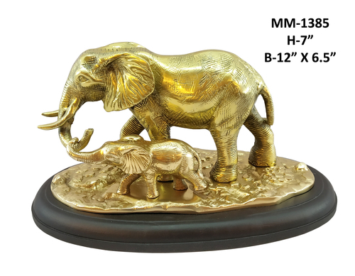Elephant with child aluminium statue, wooden base, brass antiqueElephant With Child Aluminium Statue, Wooden Base, Brass Antique