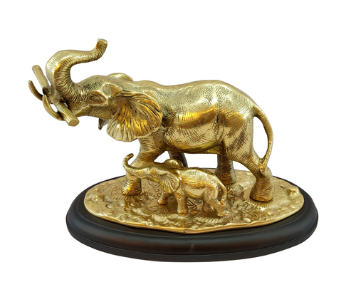 Elephant With Child Aluminium Statue - Handmade Antique Brass Finish, Wooden Base | Indian Theme, Ideal for Home and Garden Decoration, Business Gifts, and Souvenirs