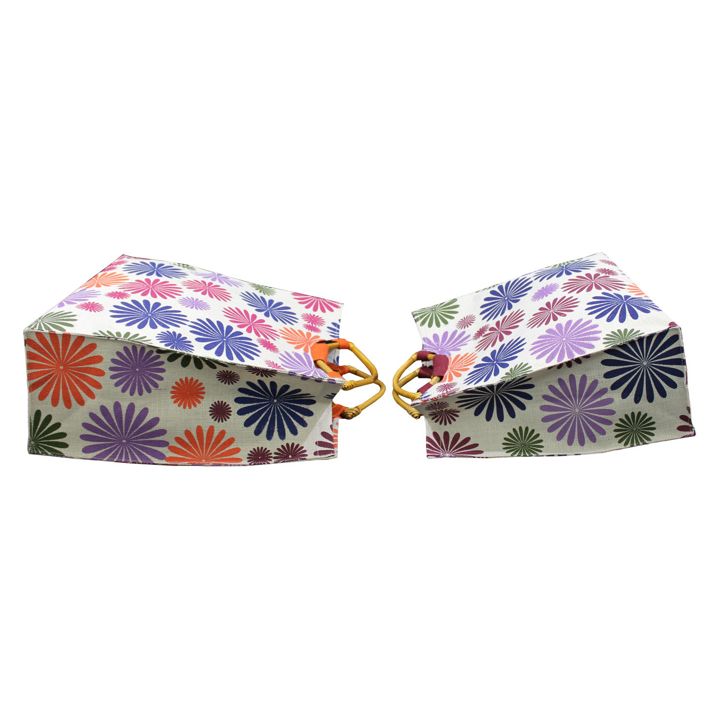 Wooden Eye Shape Cane Handle Floral Print Design PP Laminated Jute Tote Bag