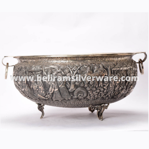 Radha Krishna Intricately Carved Silver Urli