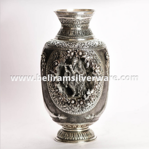 Radha Krishna Intricately Carved Silver Vase