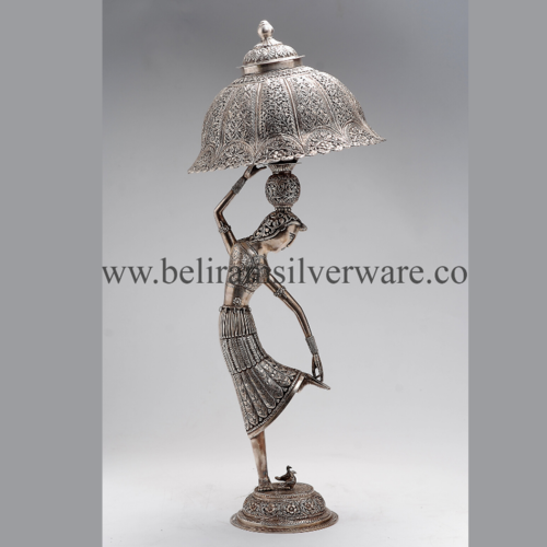 Lady Figurine Antique Silver Lamp