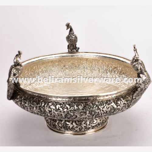 Intricate Nakshi Silver Urli With Perched Peacocks