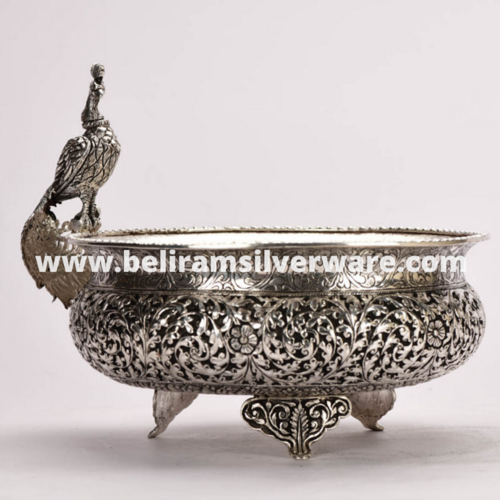 Intricately Carved Perched Peacock Silver Urli