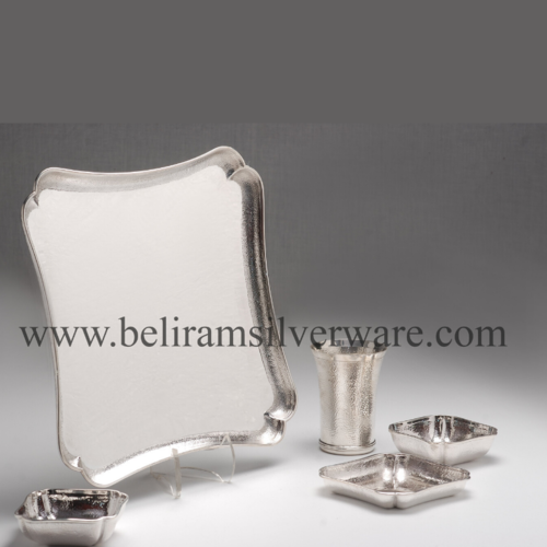 Scalloped Edges Rectangle Hammered Silver Thali Set