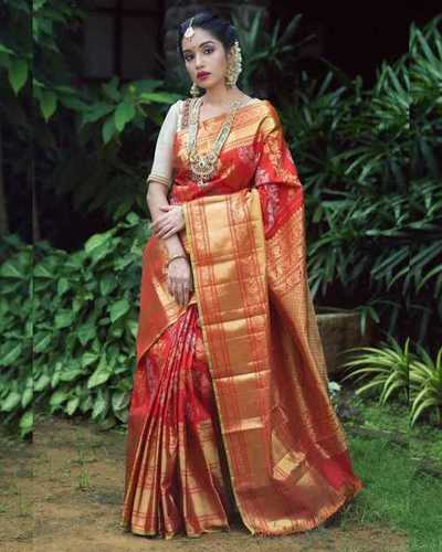 Ladies Pure Silk Saree - Soft Lichi Silk with Heavy Jaquard Border | Vibrant Pure Red Colour, Stylish Rich Pallu, Elegant Weaving Blouse Piece, Lightweight for All Seasons