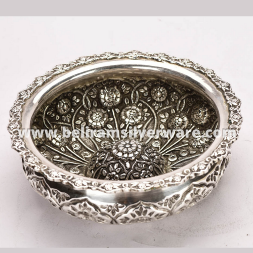 Intricate Border Flower Carved Silver Urli