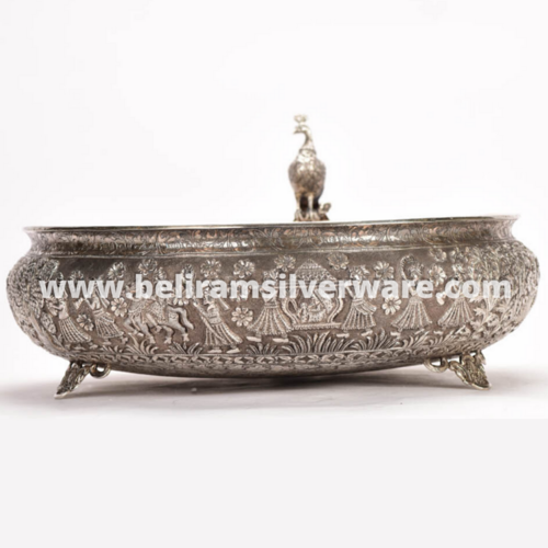 Antique Silver Urli With Perched Peacock