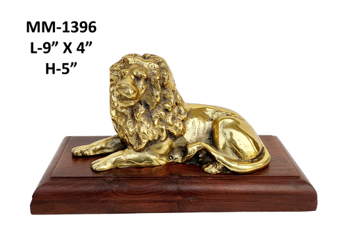 Lion Sitting On Wooden Base Brass Antique