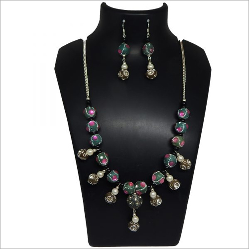 Kashmiri Multi Color Gray Tuch Beads Necklace Dangle Earrings