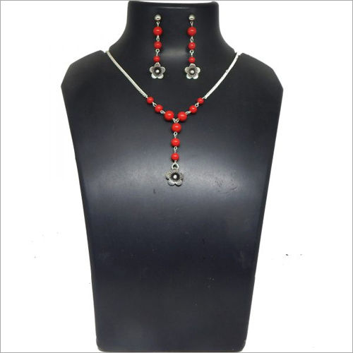 Gemstone Red Coral And Small Pendant Necklace Dangle Earrings