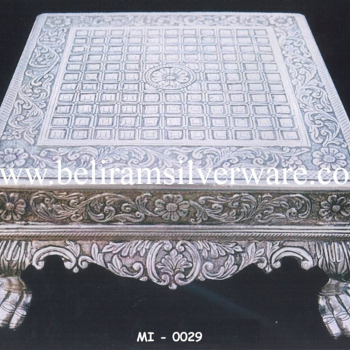 Square Design Intricately Carved Silver Chowki