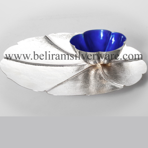 Scalloped Leaf Silver Platter With Blue Bowl