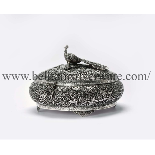Perched Peacock Round Silver Box