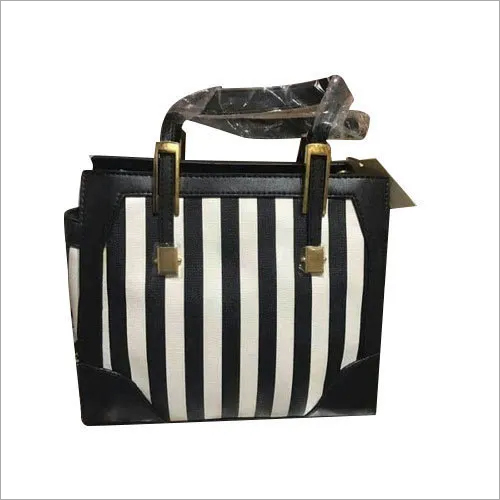 Ladies Black And White Synthetic Leather Bag - Synthetic Leather, Striped Pattern | Black and White Color, Designed for Women