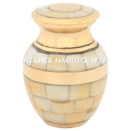 Mother of Pearl Double Band Brass Keepsake Urn - 3x2.5 Inches | Golden Finish, Threaded Lid, Polished Design, 2 Cubic Inches Capacity