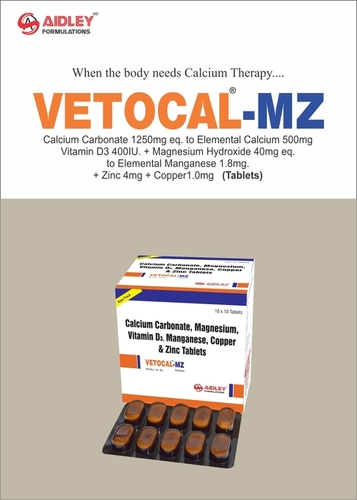 Calcium Carbonate 1250mg eq. to Elemental Calcium 500mg Vitamin D3 400IU. + Magnesium Hydroxide 40mg eq.  to Elemental Manganese 1.8mg.  + Zinc 4mg + Copper1.0mg   (Tablets)